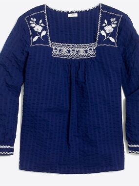 J. Crew Embroidered Peasant Top Long Sleeve Blouse Blue Cotton Sz S